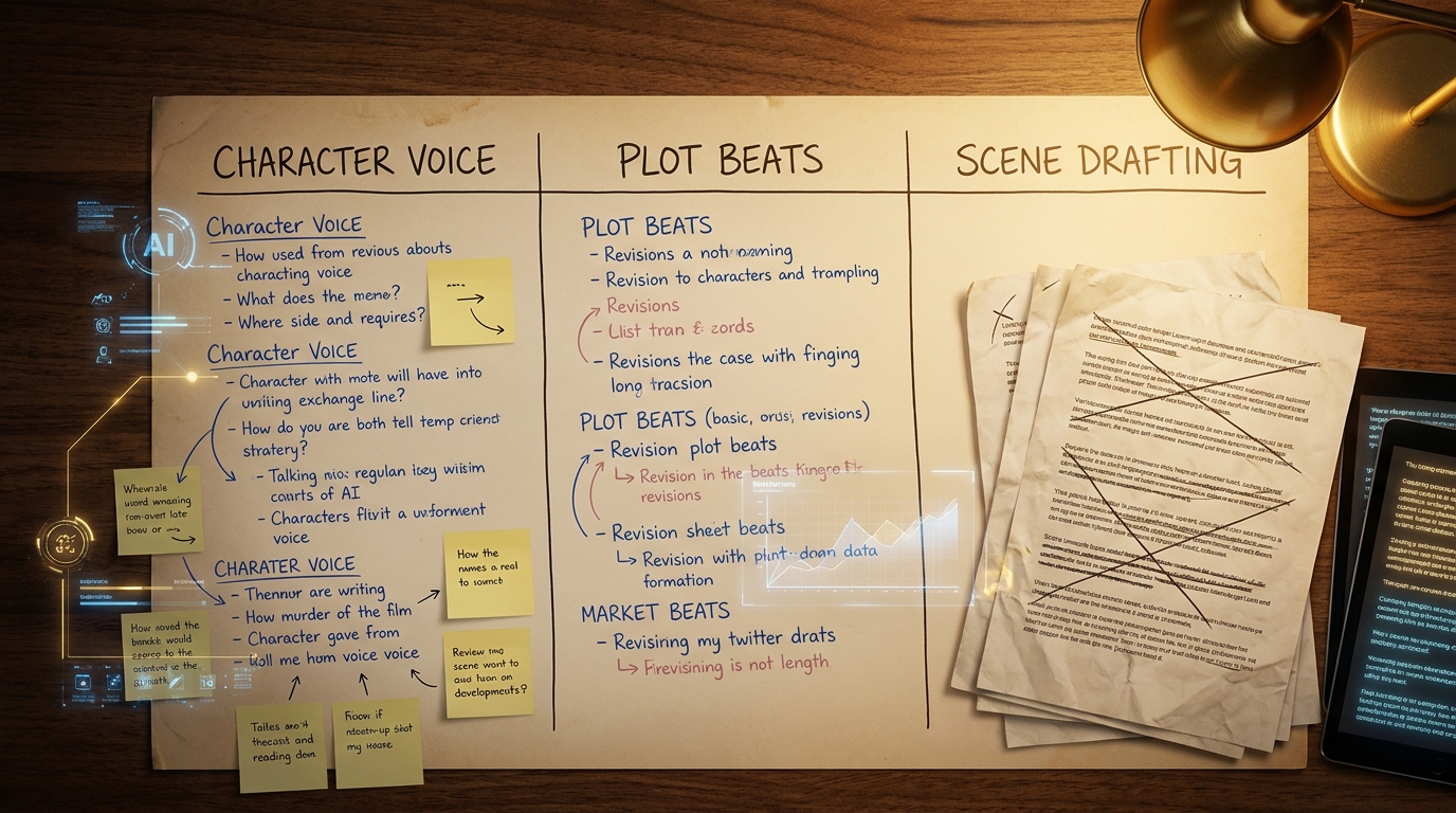 Fanfic AI workflow for character voice, plot beats, and scene drafting.