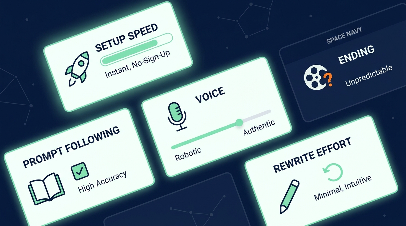 No-sign-up AI story generator testing rubric for prompt quality and rewrite effort.