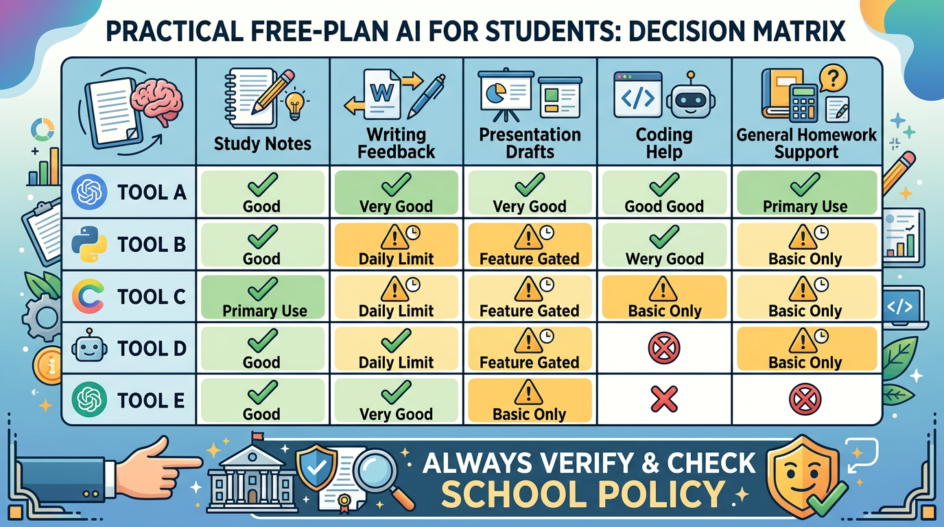 Free-plan AI tools decision matrix for students comparing study notes, writing feedback, presentation drafts, coding help, and homework support.