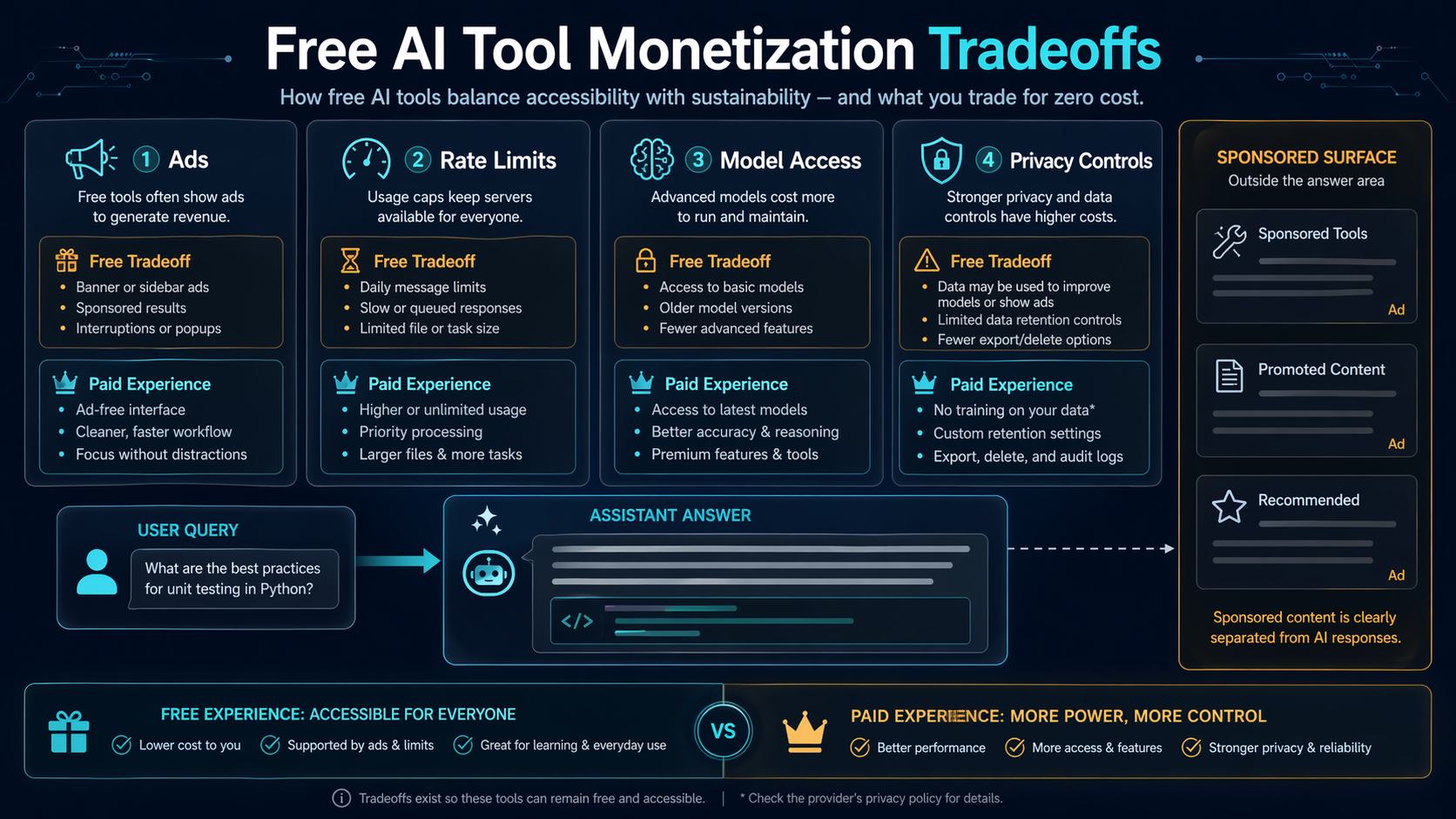 AI assistant monetization tradeoff chart showing ads rate limits model access and privacy controls