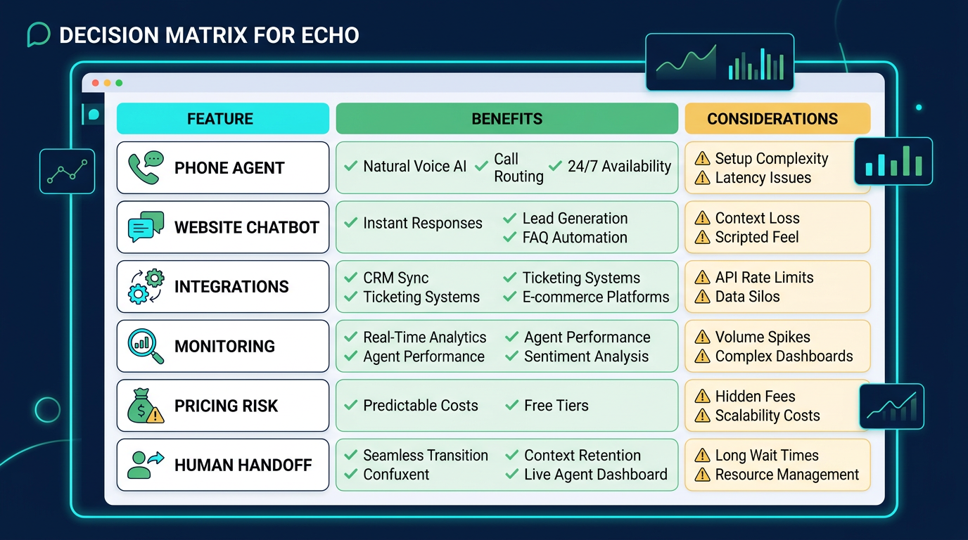Decision matrix for Echo AI covering phone agent, website chatbot, integrations, monitoring, pricing risk, and human handoff.