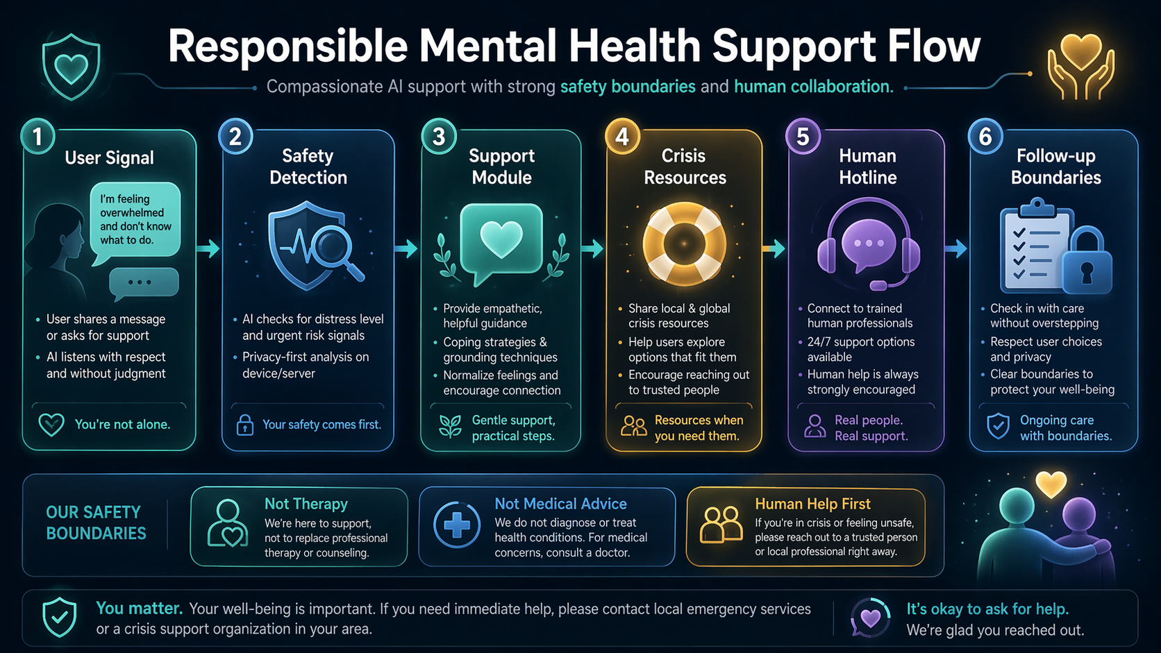 Responsible AI mental health support flow showing safety detection crisis resources and human support handoff