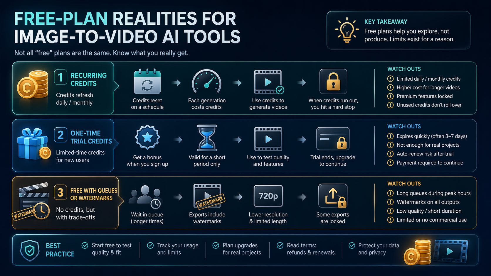 Free image to video AI plan limits including credits watermarks and export quality
