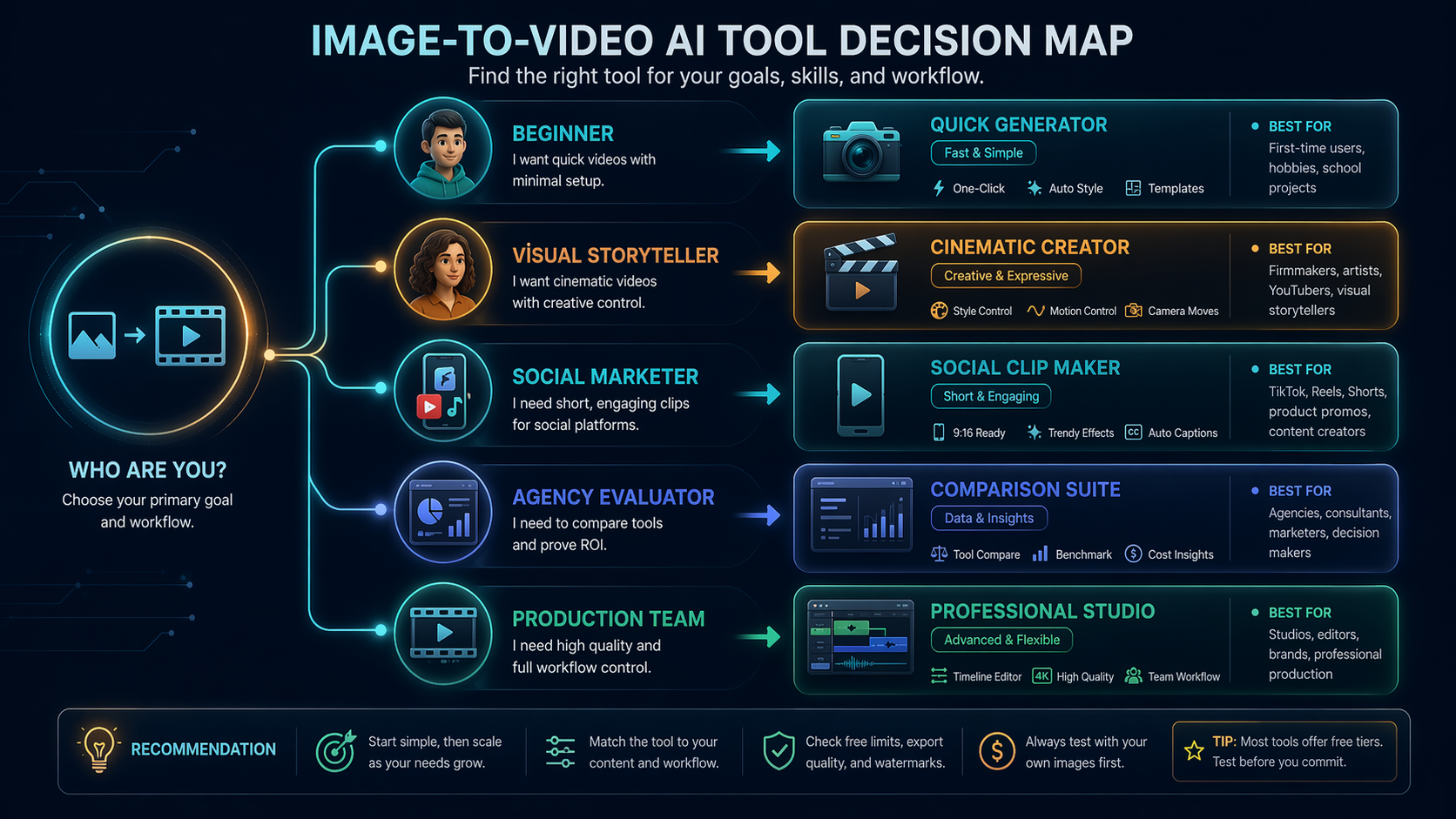 Image to video AI tool selection map for product demos social posts avatars and ads