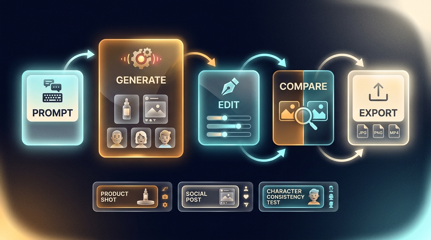 NanaImage AI workflow from prompt to edited image and alternative comparison.