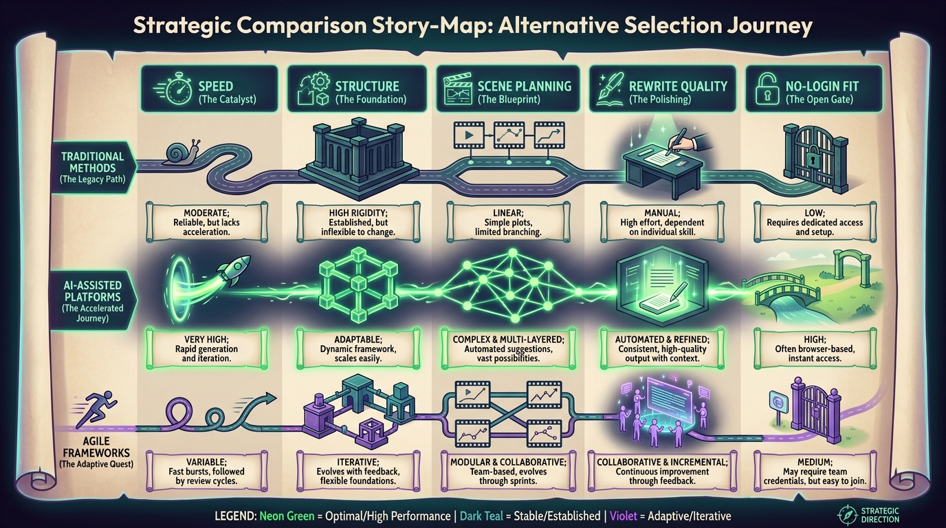 Perchance alternatives selection matrix for story structure, scene planning, and revision.