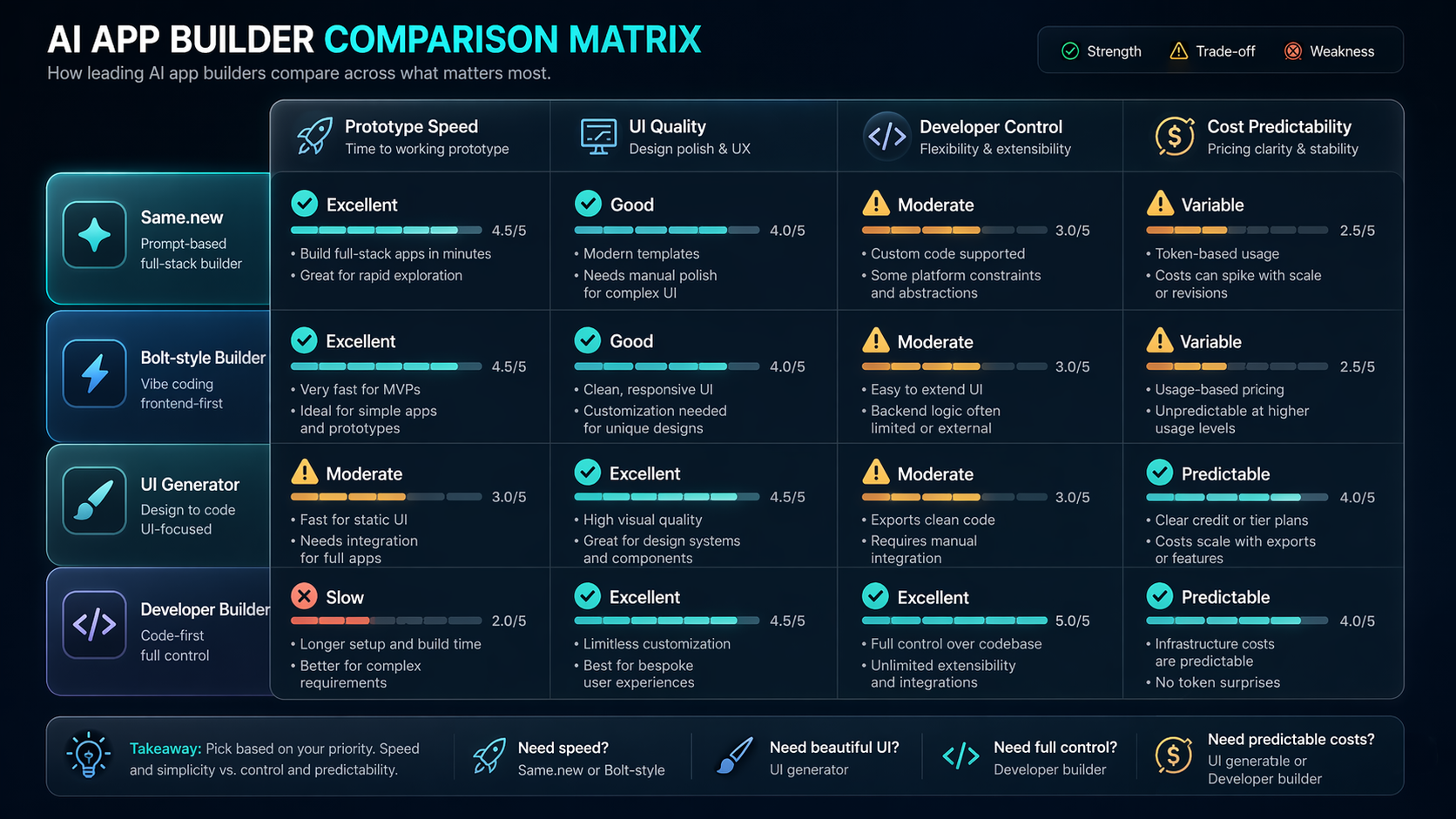Decision matrix comparing AI app builders by speed, UI quality, developer control, and cost predictability