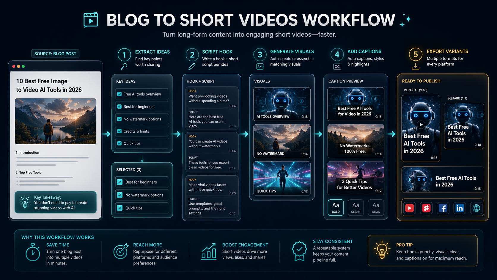 Workflow showing how blog content becomes short videos through scripting, visuals, captions, and exports