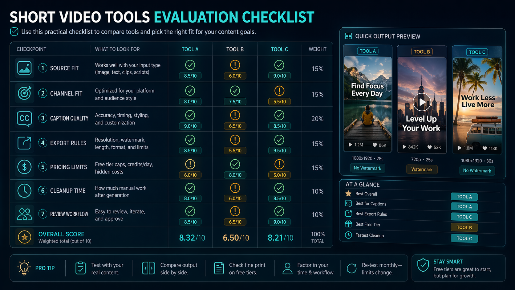 Checklist for evaluating short video tools by source fit, channel fit, captions, exports, pricing, and review workflow