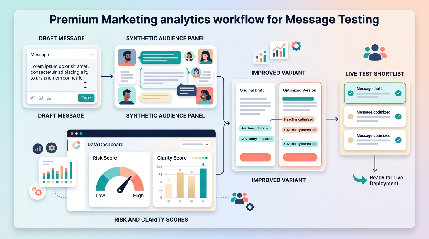 Marketing analytics workflow for testing draft messages with synthetic audience panels and improving campaign variants.