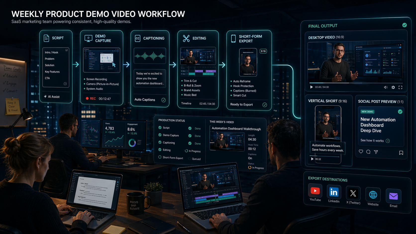 Marketing team workflow stack for creating product demo videos with AI tools